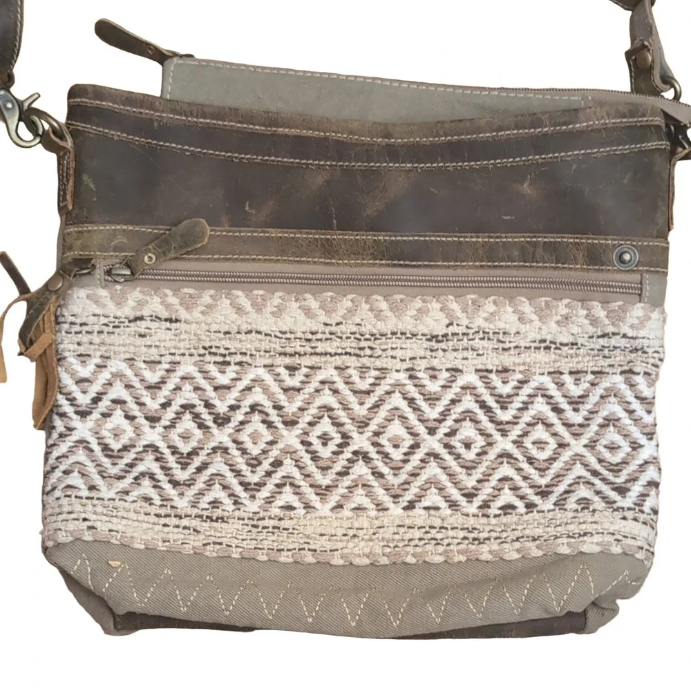Myra Bag Blending Taste Shoulder Crossbody Bag Brown Beige Canvas Leather
